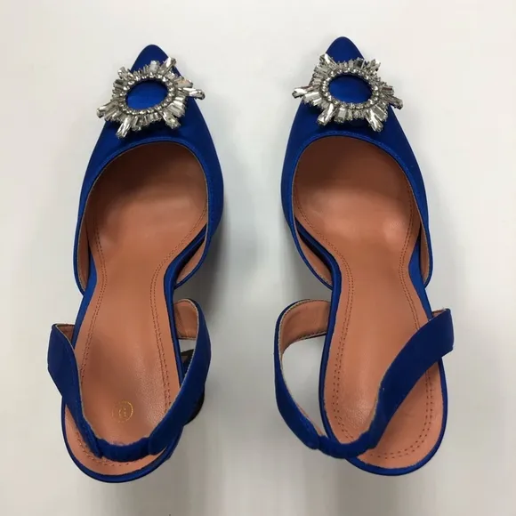 Royal blue satin crystal wreath trumpet heel pointy toe slingback heels Size 9