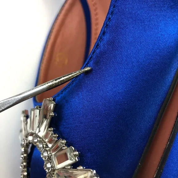 Royal blue satin crystal wreath trumpet heel pointy toe slingback heels Size 9