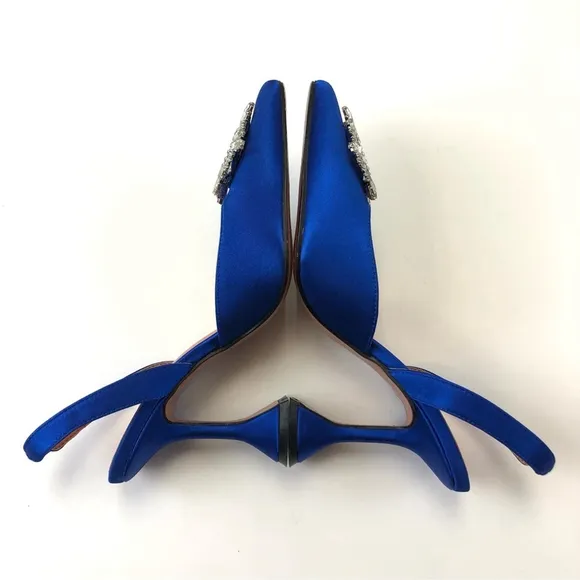 Royal blue satin crystal wreath trumpet heel pointy toe slingback heels Size 9