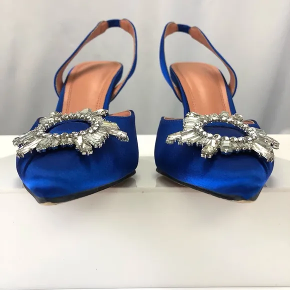 Royal blue satin crystal wreath trumpet heel pointy toe slingback heels Size 9