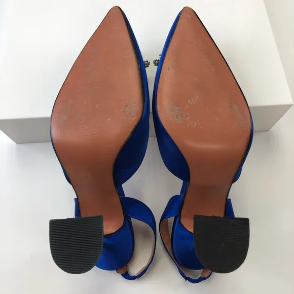 Royal blue satin crystal wreath trumpet heel pointy toe slingback heels Size 9