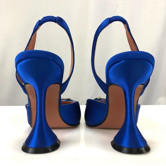 Royal blue satin crystal wreath trumpet heel pointy toe slingback heels Size 9