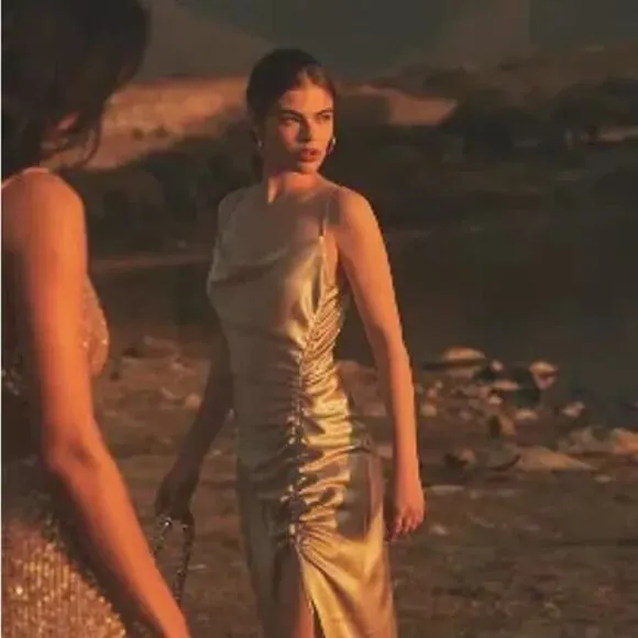 Sachin &amp; Babi Jennings Ruched Hammered Satin Gown Side Slit Slip Dress 6 Small