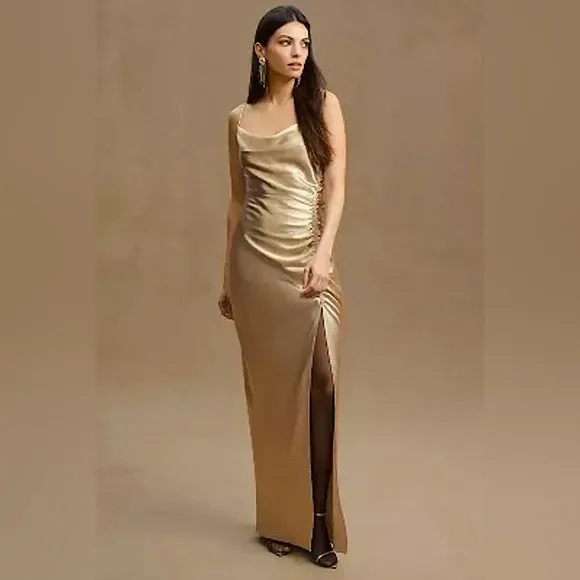 Sachin &amp; Babi Jennings Ruched Hammered Satin Gown Side Slit Slip Dress 6 Small