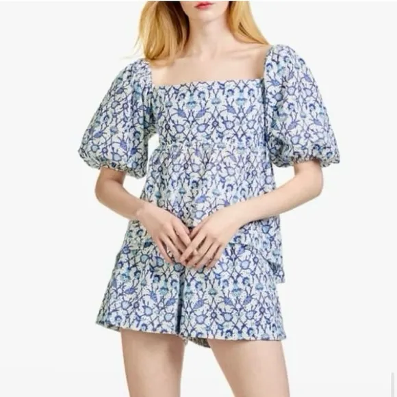 Sachin   Babi Blue Floral Women's Shorts Size Small - High Waist Eyelet Shorts