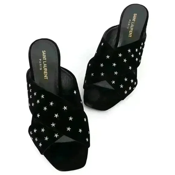 SAINT LAURENT  Lou Lou Star Stud Velvet Heeled Mules