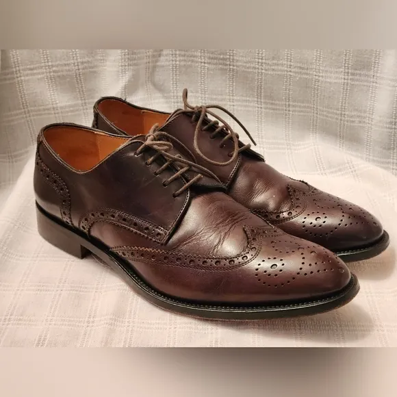 Saks Fifth Avenue Italy Brown Leather Oxford Wingtip Brogue Dress Men's Shoe 9M‎