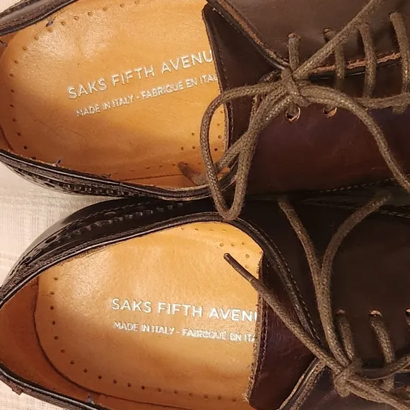Saks Fifth Avenue Italy Brown Leather Oxford Wingtip Brogue Dress Men's Shoe 9M‎