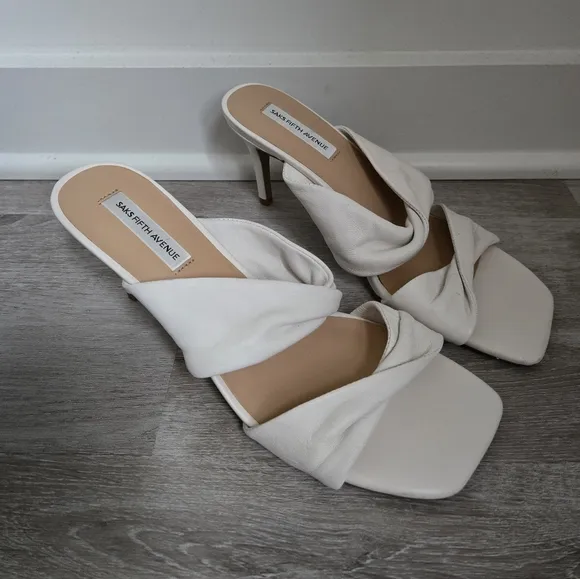 Saks Fifth Avenue White Twisted Leather Mules Sandals