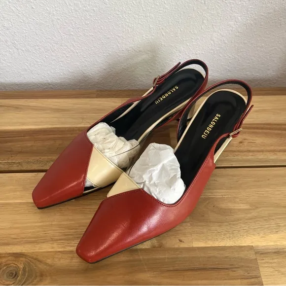 Salondeju Red Creme Leather Slingback Heels size 6