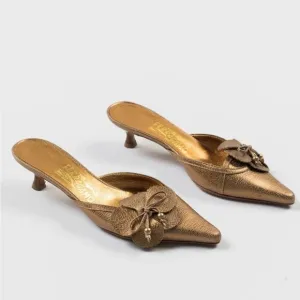 Salvator Ferragamo Gold Floral Kitten Heel Open Back Heels