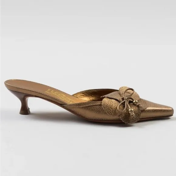 Salvator Ferragamo Gold Floral Kitten Heel Open Back Heels