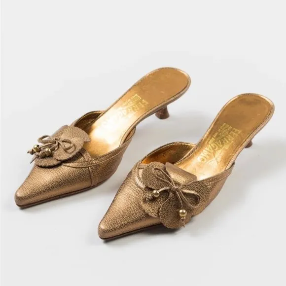 Salvator Ferragamo Gold Floral Kitten Heel Open Back Heels