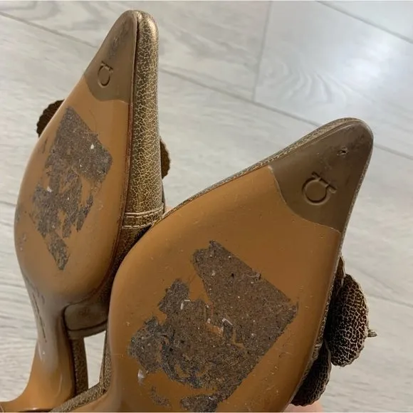 Salvator Ferragamo Gold Floral Kitten Heel Open Back Heels