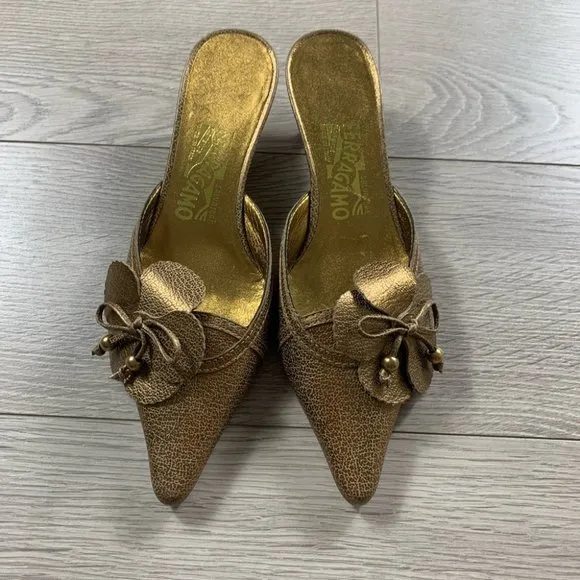 Salvator Ferragamo Gold Floral Kitten Heel Open Back Heels