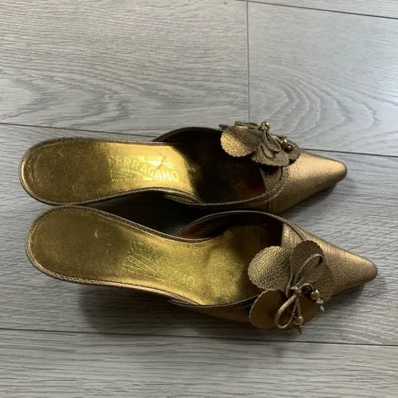 Salvator Ferragamo Gold Floral Kitten Heel Open Back Heels