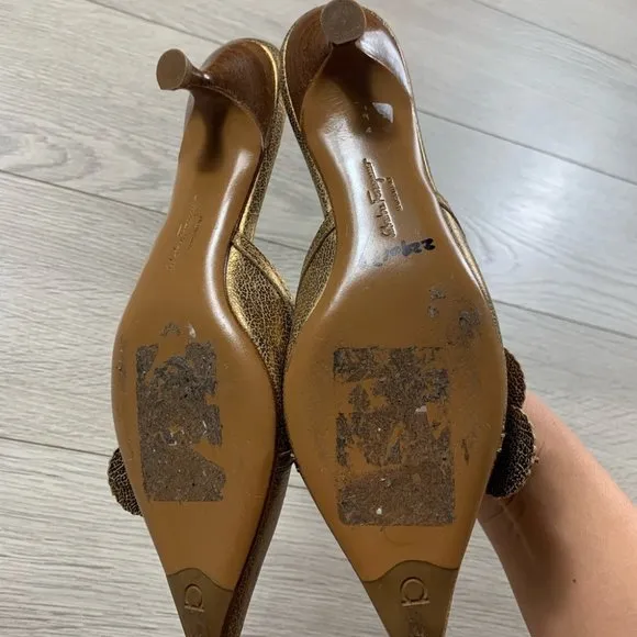 Salvator Ferragamo Gold Floral Kitten Heel Open Back Heels