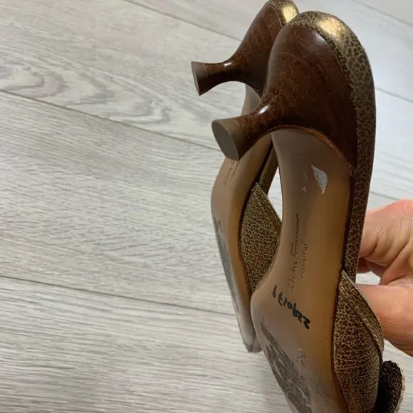 Salvator Ferragamo Gold Floral Kitten Heel Open Back Heels