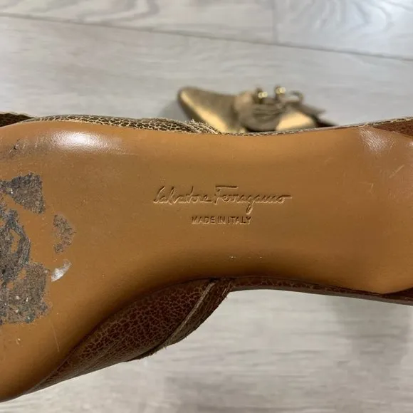 Salvator Ferragamo Gold Floral Kitten Heel Open Back Heels