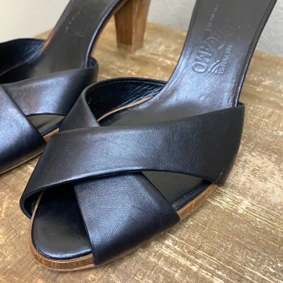 Salvatore Ferragamo Black Leather Cross Wooden Sandal Mules