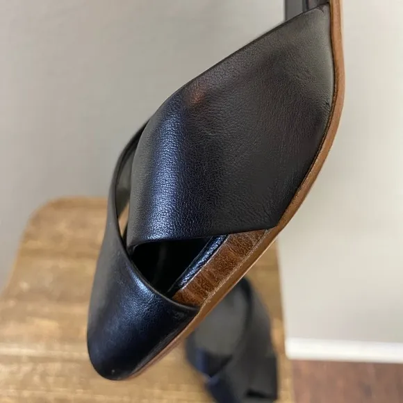 Salvatore Ferragamo Black Leather Cross Wooden Sandal Mules