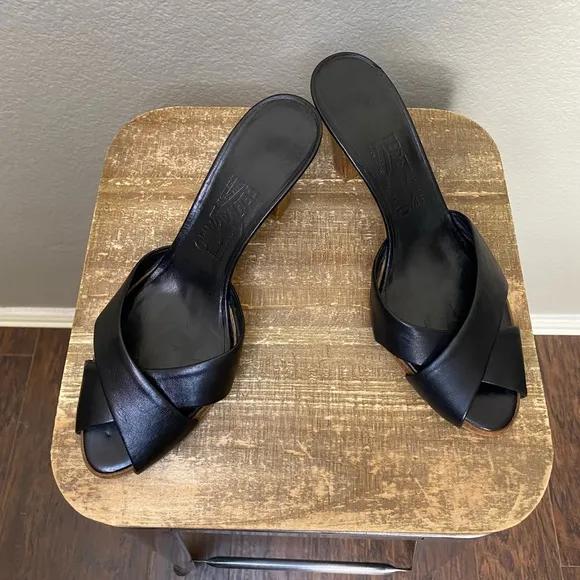 Salvatore Ferragamo Black Leather Cross Wooden Sandal Mules