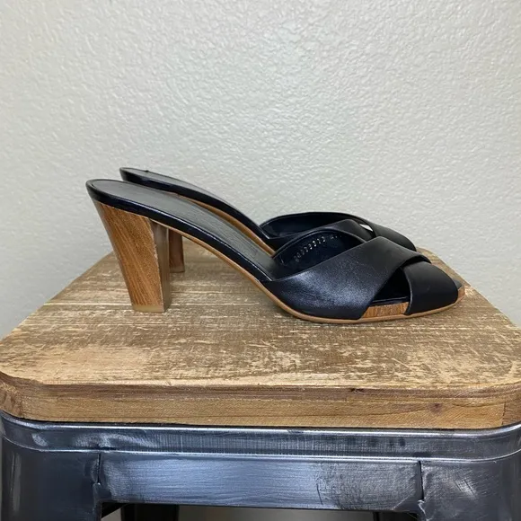 Salvatore Ferragamo Black Leather Cross Wooden Sandal Mules