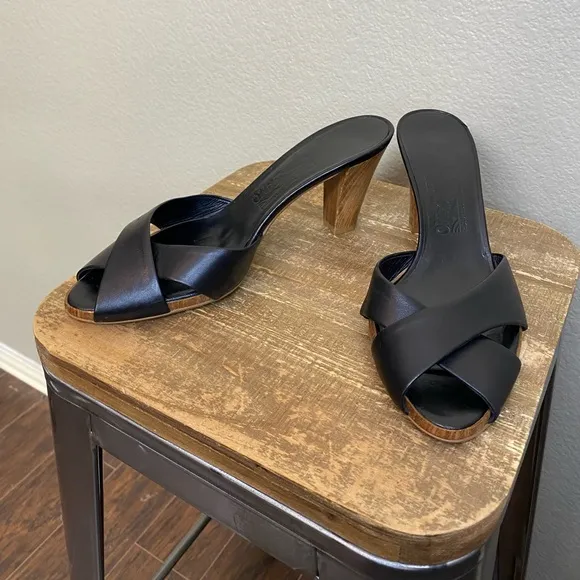 Salvatore Ferragamo Black Leather Cross Wooden Sandal Mules