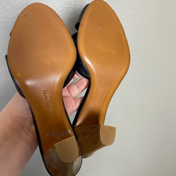 Salvatore Ferragamo Black Leather Cross Wooden Sandal Mules