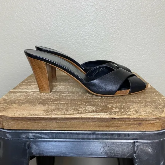 Salvatore Ferragamo Black Leather Cross Wooden Sandal Mules