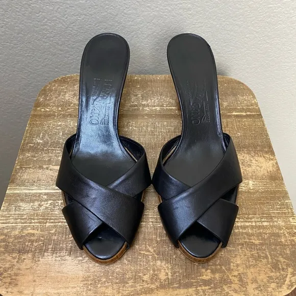 Salvatore Ferragamo Black Leather Cross Wooden Sandal Mules