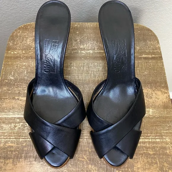 Salvatore Ferragamo Black Leather Cross Wooden Sandal Mules
