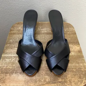 Salvatore Ferragamo Black Leather Cross Wooden Sandal Mules