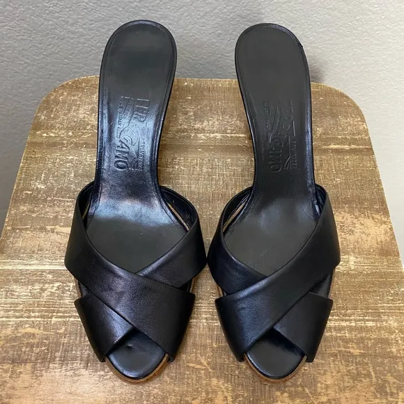 Salvatore Ferragamo Black Leather Cross Wooden Sandal Mules