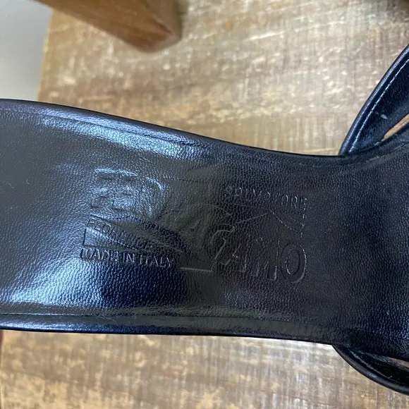 Salvatore Ferragamo Black Leather Cross Wooden Sandal Mules