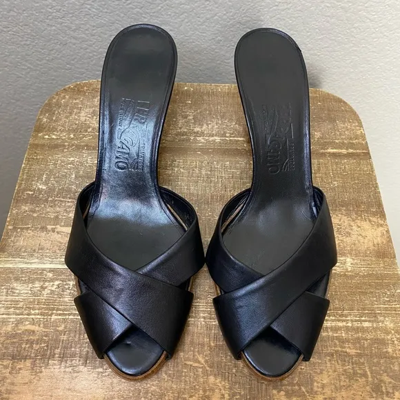 Salvatore Ferragamo Black Leather Cross Wooden Sandal Mules