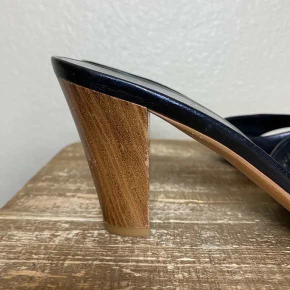 Salvatore Ferragamo Black Leather Cross Wooden Sandal Mules