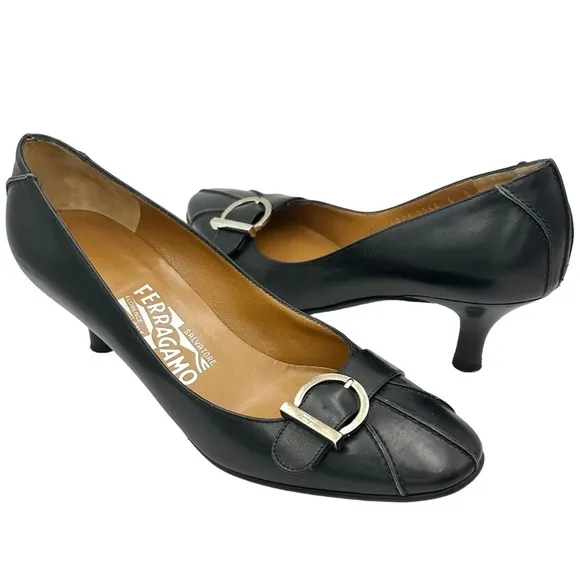 Salvatore Ferragamo Black Leather Kitten Heels 6