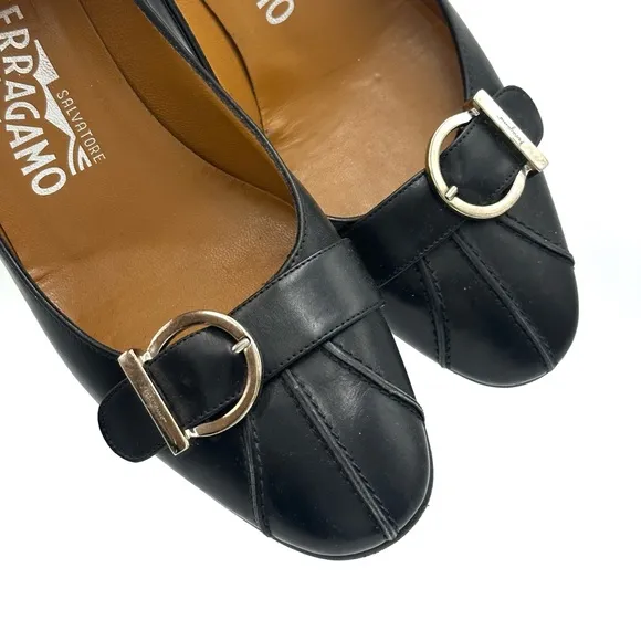 Salvatore Ferragamo Black Leather Kitten Heels 6