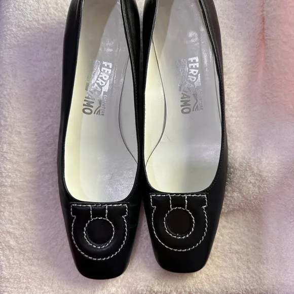 Salvatore Ferragamo Black Leather Kitten Heels