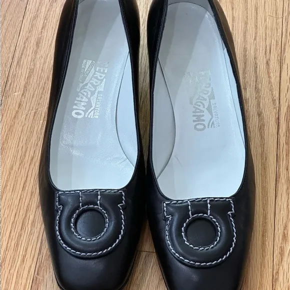 Salvatore Ferragamo Black Leather Kitten Heels