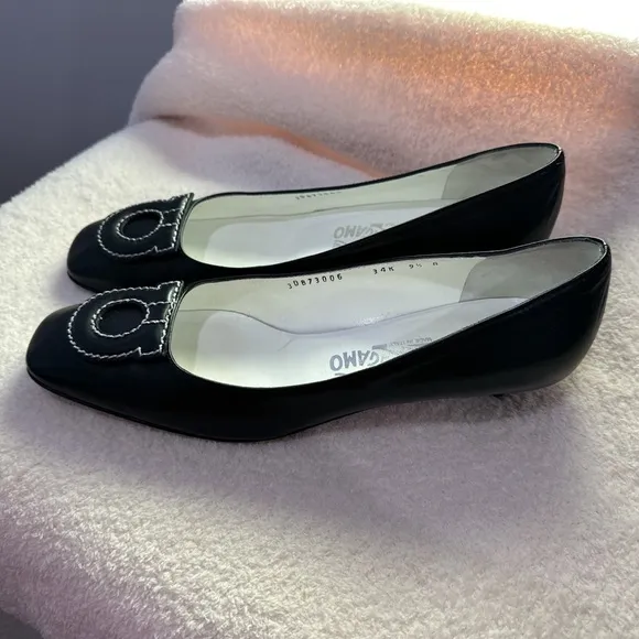 Salvatore Ferragamo Black Leather Kitten Heels