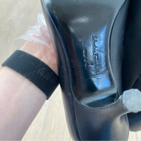 Salvatore Ferragamo Black Leather Peep Toe Slingback Heels Size 7