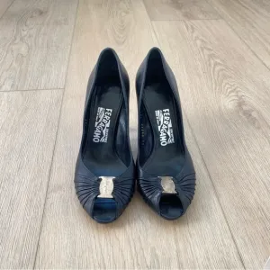 Salvatore Ferragamo Black Leather Peep Toe Slingback Heels Size 7