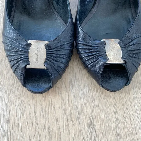 Salvatore Ferragamo Black Leather Peep Toe Slingback Heels Size 7