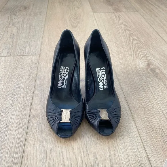 Salvatore Ferragamo Black Leather Peep Toe Slingback Heels Size 7