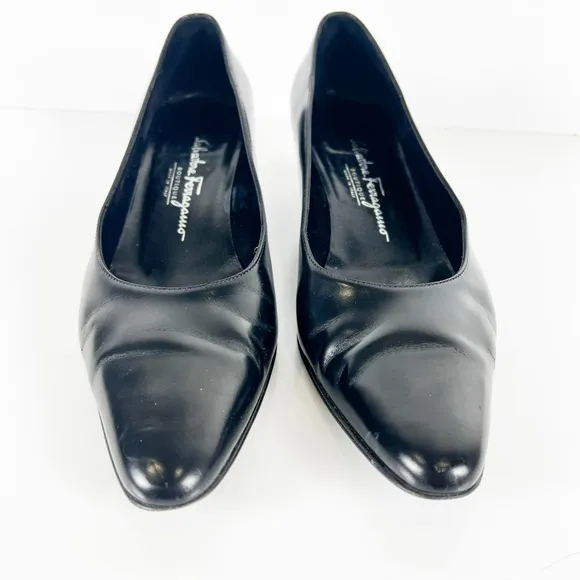 Salvatore Ferragamo Black Leather Pumps Acrylic Tortoise Kitten Heel Women 8.5 B