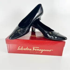 Salvatore Ferragamo Black Leather Pumps Acrylic Tortoise Kitten Heel Women 8.5 B