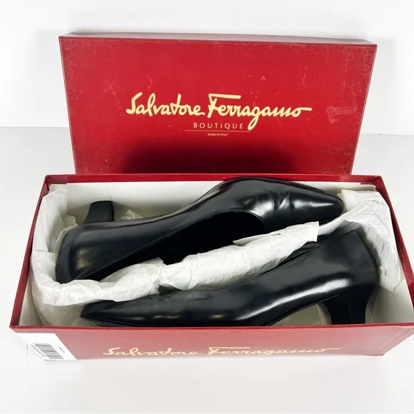 Salvatore Ferragamo Black Leather Pumps Acrylic Tortoise Kitten Heel Women 8.5 B