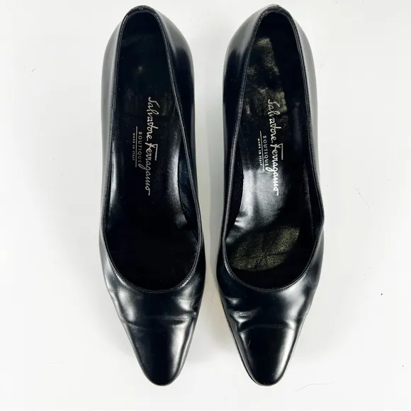 Salvatore Ferragamo Black Leather Pumps Acrylic Tortoise Kitten Heel Women 8.5 B